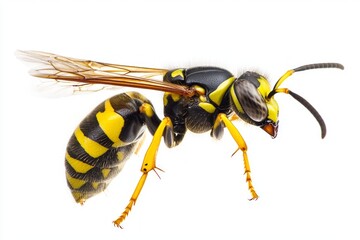 captivating close-up showcases a yellow jacket wasp mid-hover, highlighting its intricate yellow-black body and sharp stinger, creating a vivid display of nature's artistry.