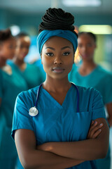 Fototapeta premium Portrait of young African American woman nurse or a doctor intern with colleagues. High quality photo