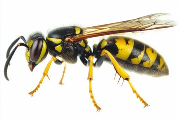 yellow jacket wasp hovers gracefully in mid-air, displaying its sharp stinger and vivid yellow-black body. The stark white background emphasizes its stunning features and intricate design.