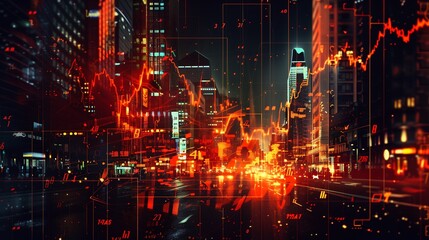 Obraz premium Cityscape with stock market chart overlay, showing economic growth and development