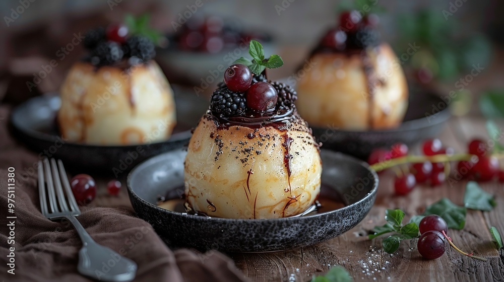 Canvas Prints a couple of desserts rest on the table alongside a fork and a bowl of berries