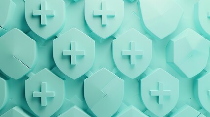 Obraz premium A vibrant collection of mint-colored shields, symbolizing security, protection, and safety in a digital landscape.