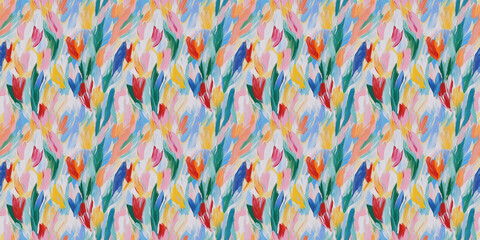 a dreamy and romantic abstract painting pattern of tulips in a style reminiscent of fauvism or early modernism