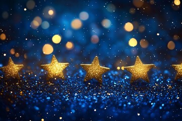 Enchanting christmas background with golden stars and bokeh lights on a dark blue canvas