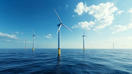 Offshore wind farm generating clean renewable energy turbines horizon ocean sky. AI generated