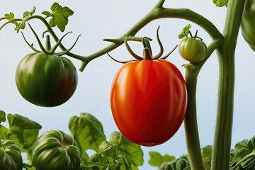 Fresh Gourmet Unique Shaped Tomatoes on the Vine in High Detail Against an Airy Background