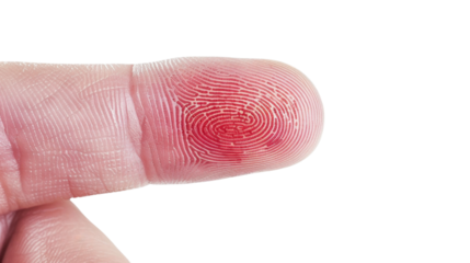 Finger with red fingerprint on transparent background