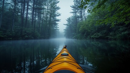 Fototapeta premium A serene kayak gliding through a misty forest river, evoking tranquility and adventure.