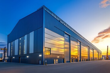 Obraz premium Modern warehouse design with colorful metal panels and industrial equipment at dawn or dusk