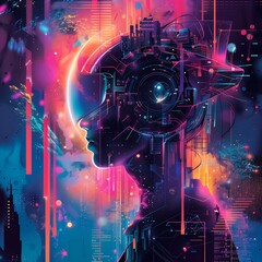 Cyberpunk style digital art illustration of a woman's face with a futuristic city in the background.
