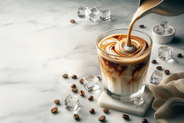 Glass of iced coffee with cream swirling inside, ice cubes on marble surface and one in mid air, coffee capsules, whole beans scattered around for fresh, dynamic composition.,