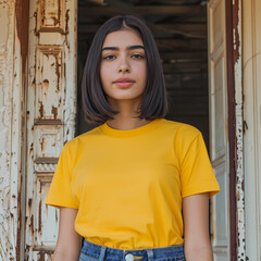 A young Middle-Eastern woman with short hair wears a bright yellow t-shirt, standing confidently in an abandoned building.