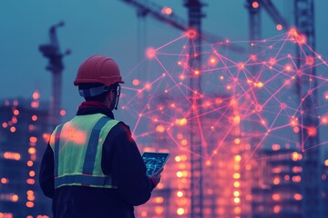 Construction worker with ipad in front of holographic network display amidst building cranes