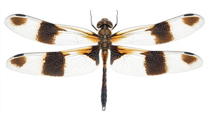 Capturing the beauty of nature, a dragonfly with transparent wings reveals its delicate patterns while resting against a simple white backdrop, a testament to its elegance and design.