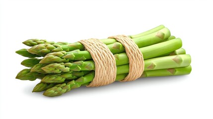   A bundle of green asparagus tied with twine against a white backdrop