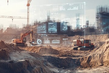Futuristic construction site with interactive data display and monitoring of equipment conditions