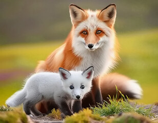 Mother Fox and Baby Fox in Grassy Field AI