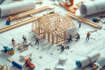 Tiny workers at a construction site  from blueprints to building a house with tools around