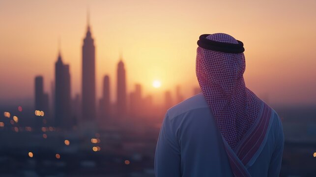 Saudi man looking to skylines back view 