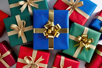 Fototapeta premium Colorful Gift Wrapped Presents in Red Blue and Green with Gold Ribbons on Isolated Background