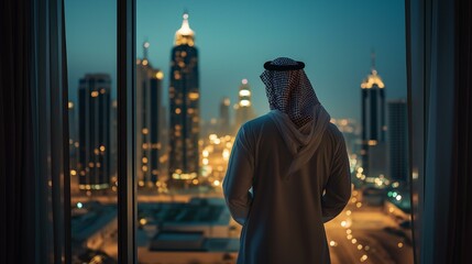 Arab man looking to skylines back view