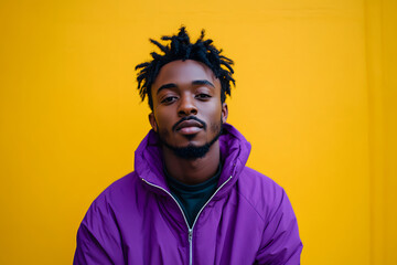 The man stands in front of a striking yellow wall, wearing a stylish purple jacket. He exudes confidence and personality with his unique hairstyle and relaxed expression.