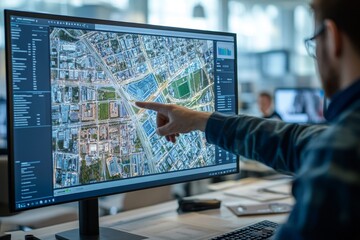 Engineer engaged with urban blueprints and digital models in modern architectural design office