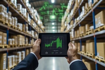 Businessman using digital tablet for warehouse management with data technology visualization