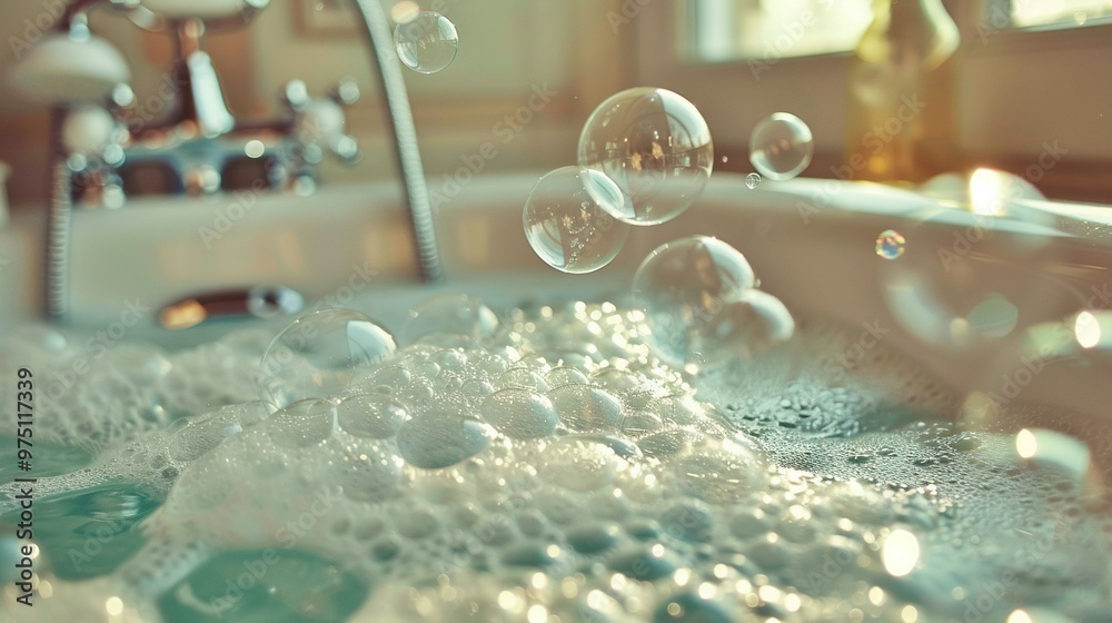 Wall mural   A close-up of bubbles in a bathtub, water cascading down its sides, and a window visible behind