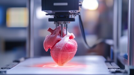 Artificial heart being printed in bio printer, advanced technology, medical innovation. AI generated