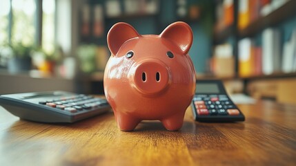 the Piggy bank and calculator on a desk, symbolizing savings, budgeting, and financial planning.