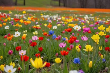 Lush Meadow Filled with Colorful Spring Blooms in Scenic Nature