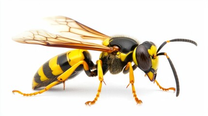 hornet stands confidently on its legs, showcasing its intricate yellow-black patterns and formidable stinger. Its wings are raised, ready for action in a vivid display.