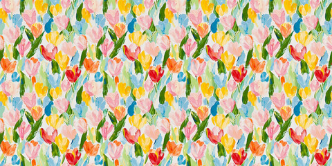 an abstract painting pattern of tulips, soft pastel colors including pink, red, orange, yellow, light green, green, light blue and blue, on a white background