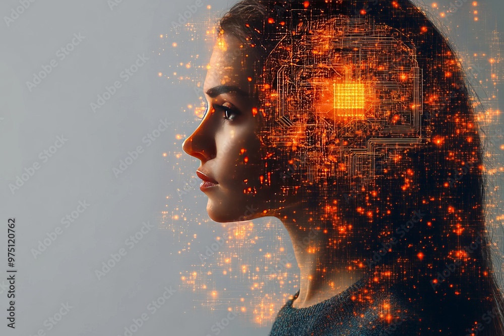 Wall mural Synaptic interface photonic signal AI network electrostimulation and bio cybernetics woman’s profile with glowing circuits inside head symbolizing digital consciousness