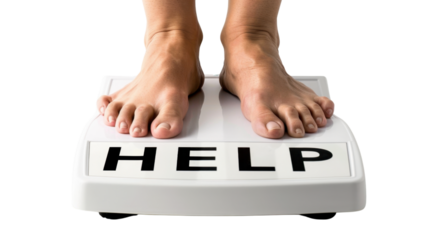 Feet on a bathroom scale with text HELP , losing weight , on transparent background