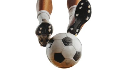 Feet of soccer player tread on soccer ball on transparent background
