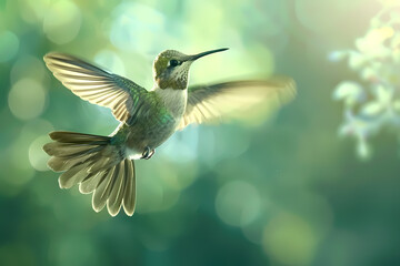 Fototapeta premium A vibrant hummingbird in mid-flight, showcasing its iridescent feathers against a softly blurred green background, evoking a sense of wonder.