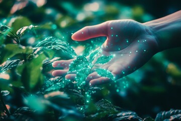 A hand interacts with plants, illustrating the synergy of technology and nature for sustainability.