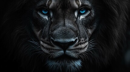 the Black and white portrait of a lion with striking blue eyes, capturing the majestic and powerful nature of the animal.