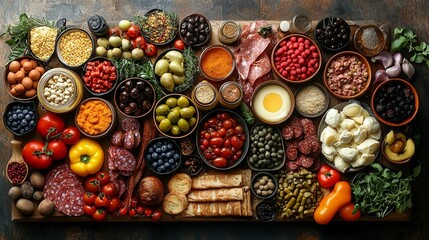 a Collage of various food products, arranged artistically to highlight diversity and culinary creativity.