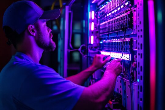 Expert electrician engaged in intricate electrical panel work, bathed in purple and blue lights
