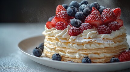   Cake with strawberries, blueberries, raspberries, and powdered sugar on white plate