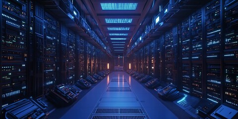 A futuristic server room filled with racks of servers and glowing lights, emphasizing technology and data storage.