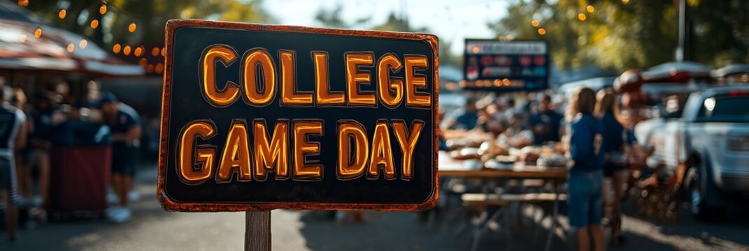 College football Saturday - sign that reads &ldquo;COLLEGE GAME DAY&rdquo; - tailgating - tailgate - food - spread - team - television - party 