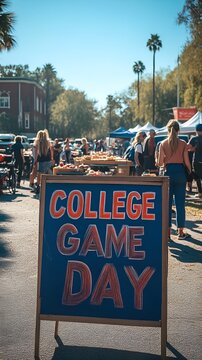 College football Saturday - sign that reads &ldquo;COLLEGE GAME DAY&rdquo; - tailgating - tailgate - food - spread - team - television - party 