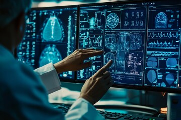 Doctor s hand engaging with advanced computer interface in medical networking concept