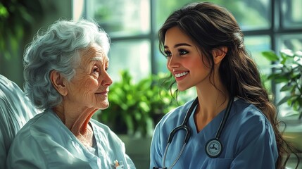an Nurse gently taking care of an elderly patient in a compassionate healthcare setting.