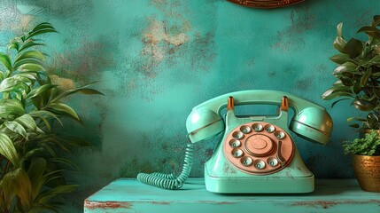 the Retro telephone on a table with a mint green background, evoking a nostalgic and classic aesthetic.