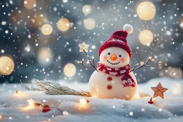 Fototapeta premium Delightful winter background with a cheerful snowman, snowy hills, and festive bokeh lights
